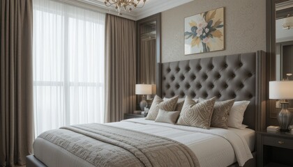 Elegant modern bedroom design with plush headboard, soft bedding, and natural light from windows