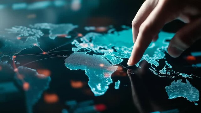 A close-up of a hand navigating a high-resolution world map on a futuristic interface, pinpointing strategic hubs for supply chain optimization