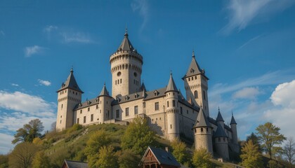 Fototapeta premium Majestic Castle on Hill Surrounded by Trees and Blue Sky with Fluffy White Clouds