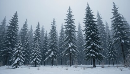 Fototapeta premium Peaceful Winter Landscape with Snow-Covered Evergreen Forest in Misty Atmosphere