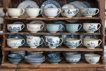 Vintage Blue and White Porcelain Cups and Bowls on Wooden Shelves