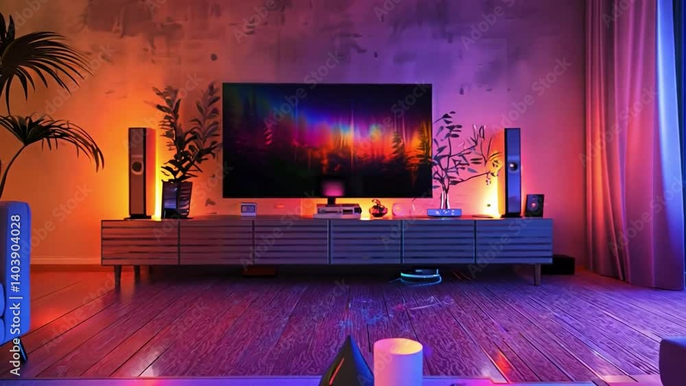 Poster a stylish living room is illuminated by vibrant ambient lighting from lamps and a tv, creating a war