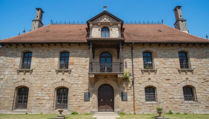 Historic Stone Building with Elegant Architecture and Bright Blue Sky in Daylight