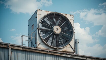 Obraz premium Large Industrial Fan on Rooftop Against Blue Sky with Fluffy White Clouds