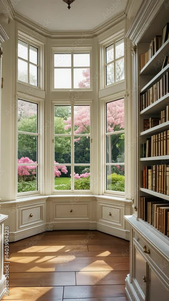 Poster elegant window nook with serene garden view and library bookshelf, bathed in natural light, creating