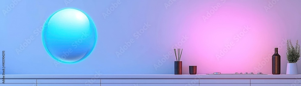Poster modern minimalistic abstract design with a glowing blue orb in space
