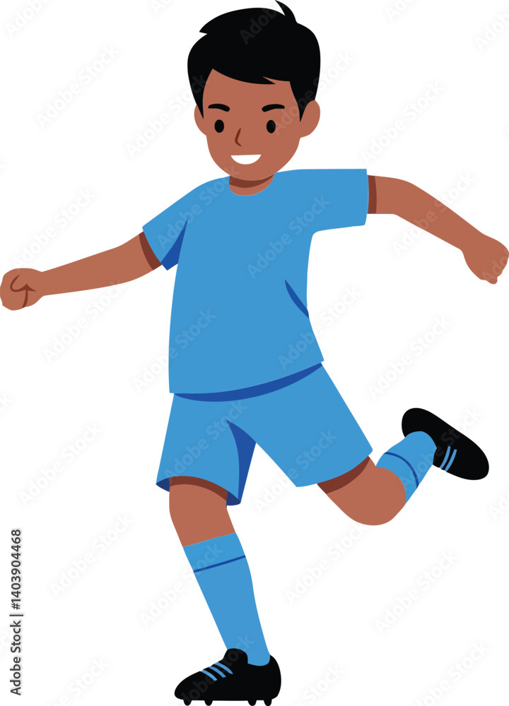 Poster young boy in a blue soccer uniform joyfully running on a field with enthusiasm in a flat vector illu