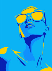 Fashionable brunette girl. Young beautiful fashion woman with sunglasses Abstract female face, contemporary design drawing in retro style placard in yellow and blue colors, vector illustration 