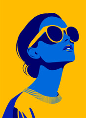 Fashionable brunette girl. Young beautiful fashion woman with sunglasses Abstract female face, contemporary design drawing in retro style placard in yellow and blue colors, vector illustration 