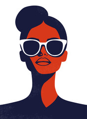 Fashionable charming brunette girl. Young beautiful fashion woman with sunglasses Abstract female face, contemporary design drawing in retro style placard, vector illustration 