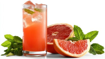 Refreshing Grapefruit Drink with Ice and Mint Garnish on White Background
