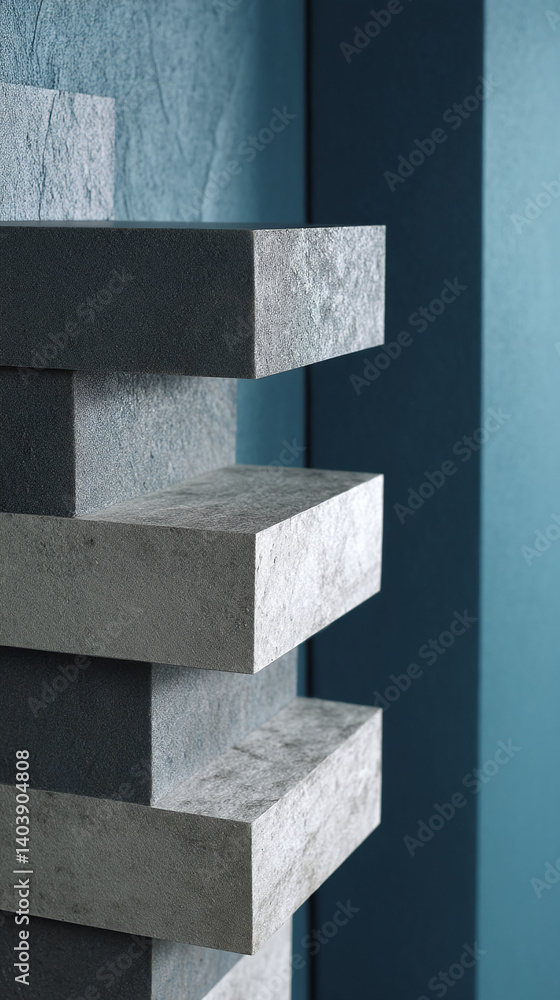 Poster Stacked gray and dark-gray textured blocks against a teal background, creating a modern, minimalist product display scene Mockup
