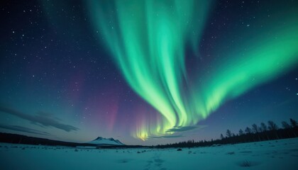 Breathtaking Northern Lights Display Over Snowy Landscape with Majestic Mountains at Dusk