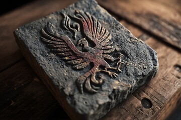 An ancient stone tablet adorned with a fiery phoenix emblem rests on a rustic wooden surface, symbolizing power and rebirth through its ornate design.