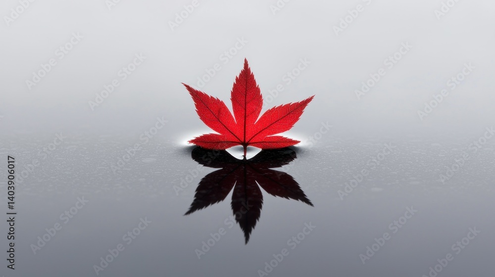 Poster a single red leaf floating on a reflective and glossy surface