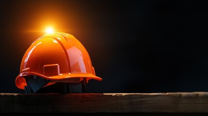 Orange Hard Hat Sits Illuminated On Wooden Surface