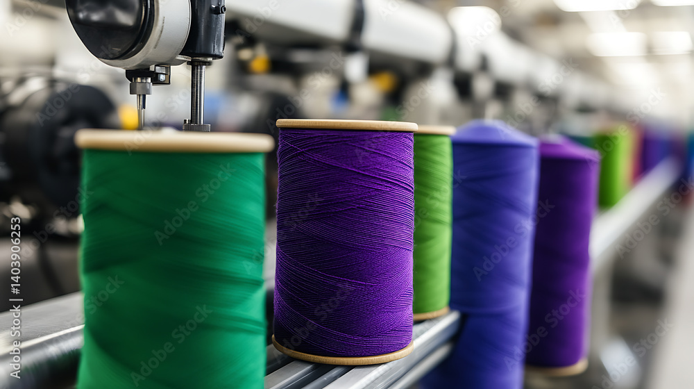 Poster a vibrant array of colorful yarn spools lined up in a factory setting, showcasing the textile manufa