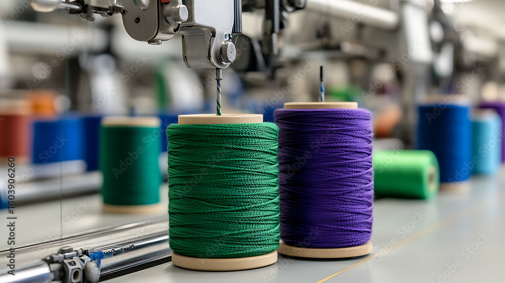 Poster close-up of colorful spools of thread used in automated textile production. green, violet and blue s