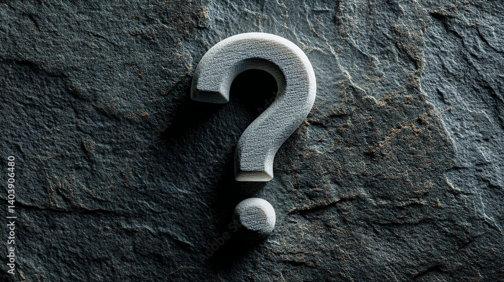 Poster white question mark on dark stone background, suggesting uncertainty, inquiry, or a need for answers