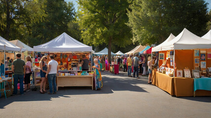 Busy Outdoor Art Fair With Vendors And Visitors On A Sunny Day