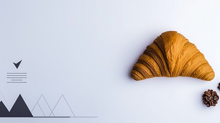 Croissant on a minimalist background with geometric shapes and coffee beans, ideal for food imagery