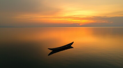 A solitary boat floating peacefully on the calm water at sunset