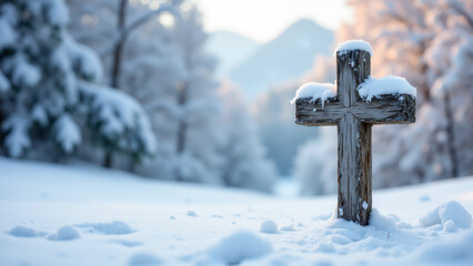 A solitary weathered cross stands tall against a snowy backdrop with winter trees at sunset.
