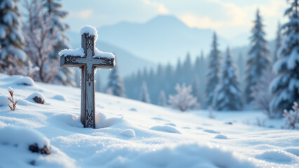 A snow-covered cross, symbolizing Christian faith in a serene mountainous landscape.