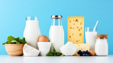 Fresh dairy products on a bright backdrop. World Milk Day