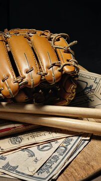 Well-worn brown leather baseball glove sitting atop old printed papers with bats on a wood surface