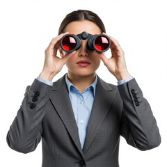 Businesswoman in suit looking through red lens binoculars isolated on white background