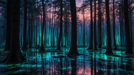 Ethereal Forest Reflections Dark Woodland Scene Tranquil Water Teal Glow Serene Nature