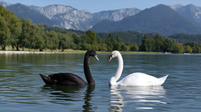 On a calm lake beneath towering mountains, a black swan and a white swan curve their necks into a heart, symbolizing unity and contrast in perfect harmony.

