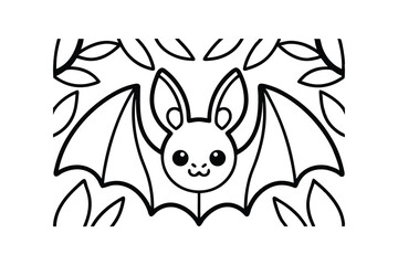 Cute Bat With Decorative Leaves Outline Vector Illustration Ideal For Coloring Pages And Halloween Designs For Kids