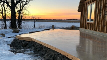 A newly poured concrete slab next to a house under construction