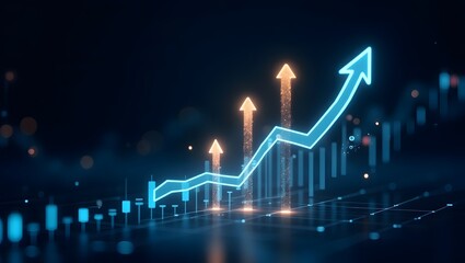 Digital Financial Growth Chart with Glowing Blue Upward Trend Line and Orange Arrows on Futuristic Tech Grid for Data Analytics and Market Success