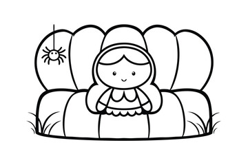 Outline Drawing Of A Matryoshka Doll With Pumpkin Background And Spider Illustration For Fall Theme Coloring
