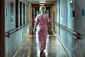 female doctor in a pink medical uniform walks down the corridor. The corridor is long and empty, like a clinic or hospital. A medical professional is rushing to an emergency surgery.