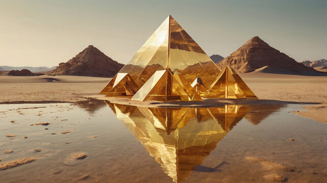 Golden Pyramids Mirrored In Desert Oasis Majestic Landscape Sand Dunes - Powered by Adobe