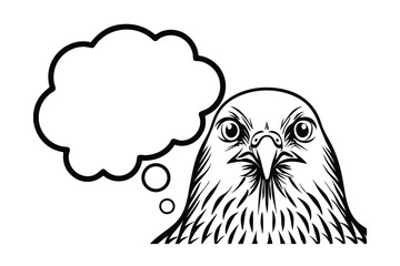Graphic Black And White Illustration Of An Eagle Thinking With A Thought Bubble On A White Background