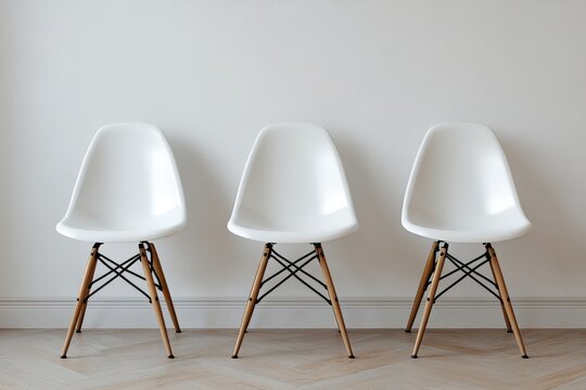 Three free white chairs against a white wall in an office or room, free space, Generative AI