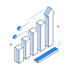Growth bar chart isometric icon for business analytics platforms, financial report interfaces, performance tracking dashboards and data visualization presentations