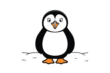 Cute Cartoon Penguin Standing On Snow Simple Childrens Illustration Vector Design Isolated Against White Background