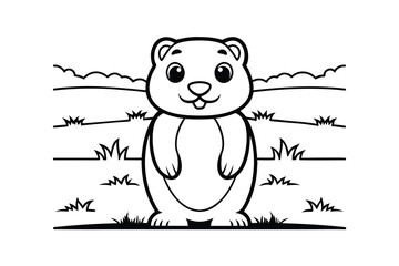 Cartoon Marmot Standing In A Grassy Field Black And White Outline Illustration For Coloring Book Or Educational Purposes