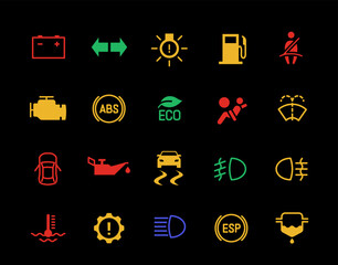 Car dashboard icons set. Colorful signs with battery, seat belt, motor oil and turn signal arrows. Design elements for Vehicle service. Flat vector illustration collection isolated on background