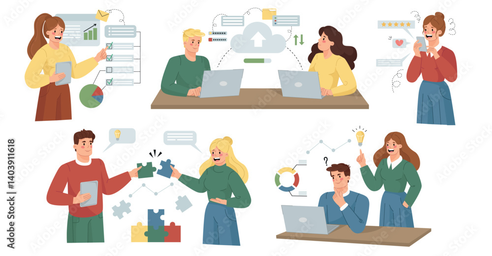 Aufkleber set of office scenes. happy teams of office workers solve business problems, analyze statistics and 
