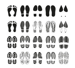 Set of human shoes footprints. Shoe soles print or imprints with different patterns from sneakers or boots. Design elements for poster. Flat vector illustration collection isolated on background