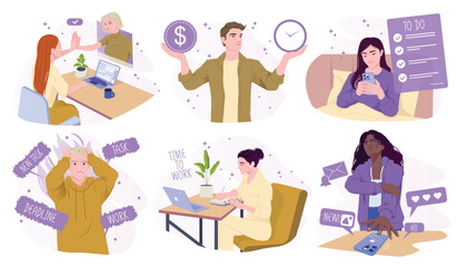 Remote Work. Male and female freelancers plan work tasks, communicate with clients in home office and feel emotional burnout. Cartoon flat vector illustration collection isolated on background
