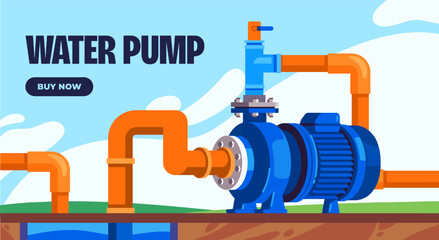 Water pump with connected pipes. Banner or landing page template with pump for pumping water from well. Technical equipment for water station. Design for website. Cartoon flat vector illustration