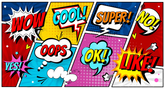 Comic speech bubbles. Funny comical speech clouds with text and explosion effect in retro style. Graphic design elements with lettering for printing. Flat vector illustration set